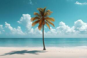 Tropical Beach Serenity with Lone Palm Tree and Clear Blue Sky for Travel Concepts photo