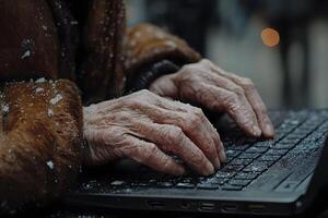 Elderly Hands Typing on Laptop Keyboard in Winter Setting for Technology and Age Concept photo