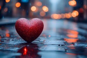 Heart-Shaped Romance in Rainy Urban Setting with Bokeh Lights photo