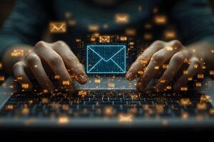 Digital Communication Concept with Neon Envelope Icons and Hands on Keyboard for Technology Design photo