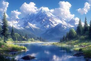 Scenic Mountain Landscape with Lush Forest and Tranquil River under Gleaming Blue Sky photo