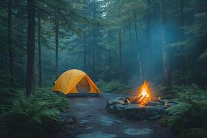 Peaceful Forest Camping Scene with Tent and Campfire in Lush Greenery photo