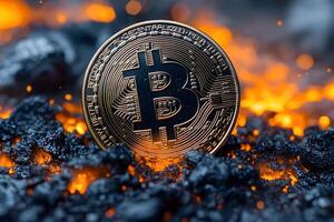 Digital Currency Concept with Bitcoin in Volcanic Landscape for Finance and Investment Design photo