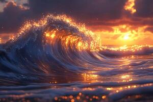 Golden Sunset Ocean Wave Splash Nature's Power and Tranquility for Design and Print photo