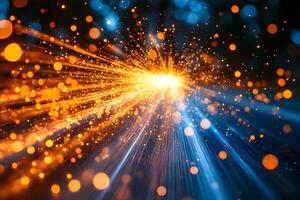 Dynamic Abstract Light Burst with Vibrant Orange and Blue Bokeh for Technology Concepts photo