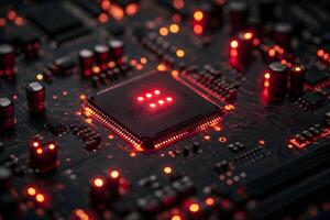 Futuristic Circuit Board with Glowing Red LED Lights - Tech Design Concept photo
