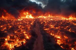 Devastating Wildfire Burning Forest at Night - Intense Fire and Smoke photo