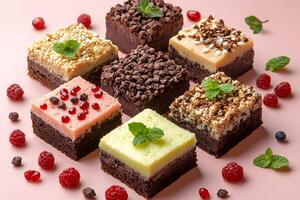 Assorted Chocolate Brownies with Varied Toppings for Dessert Presentation photo