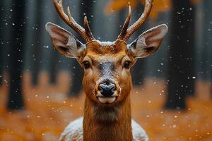 Majestic Deer in Winter Forest Setting with Falling Snowflakes photo