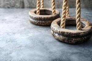 Rustic Rope and Wooden Swing on Concrete Floor Background for Design and Decoration photo