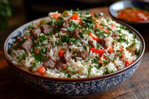 Delicious Beef and Rice Bowl with Fresh Herbs and Vegetables for a Flavorful Meal photo