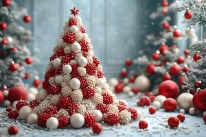 Festive Christmas Tree Made of Red and White Ornaments in Snowy Interior photo
