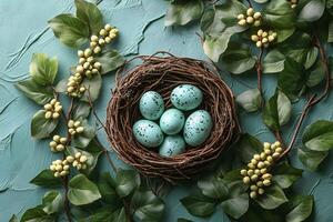 Spring Nest Arrangement with Speckled Eggs and Greenery for Easter Decor Design photo