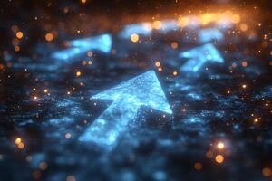 Illuminated Arrows Pointing Forward Amidst a Glowing Abstract Digital Landscape photo