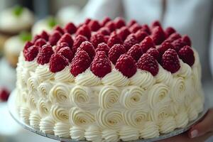 Elegant Raspberry Cake with Whipped Cream Swirls for Celebrations and Events photo