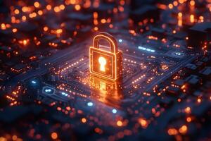 Cybersecurity Concept Glowing Padlock on Circuit Board for Digital Protection and Data Security Design photo
