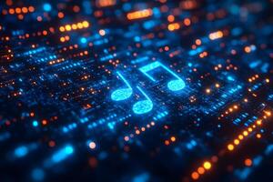 Futuristic Digital Music Concept with Glowing Notes and Circuit Board Elements photo