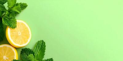 Lemon and Mint on Green Background Fresh Summer Food Photography photo