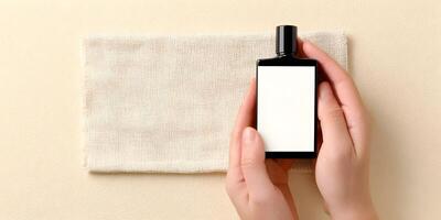 Black Perfume Bottle Mockup on Beige Fabric Minimalist Product Presentation photo