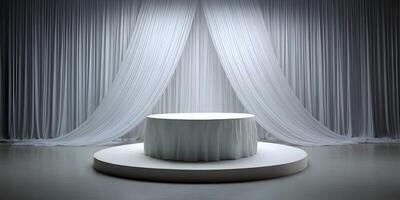 White Tablecloth Round Table on Circular Podium Elegant Draped Curtains Background photo