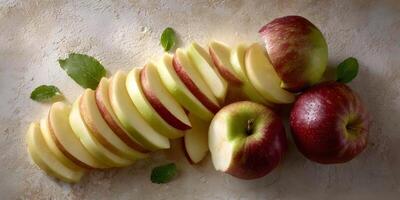 Sliced Apples with Red and Green Varieties and Mint Leaves on Beige Background photo