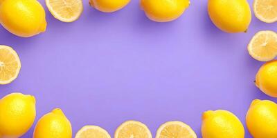 Frame of Lemons and Lemon Slices on Purple Background photo