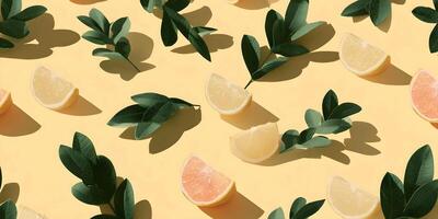 Lemon Grapefruit Slices Green Leaves Pastel Yellow Background Summer Fruit Pattern photo