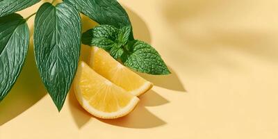 Two Orange Slices with Mint and Green Leaves on Yellow Background photo