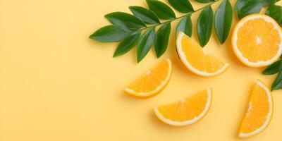 Orange slices with green leaves on yellow background photo