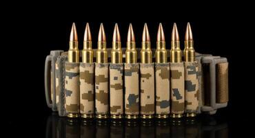 Desert camouflage ammunition belt with gleaming brass bullets on black photo
