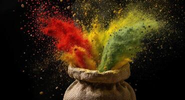 Vibrant explosion of colorful powder bursting from burlap sack photo
