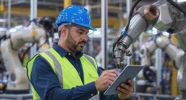 Professional male engineer monitoring robotic arms with digital tablet in modern factory photo