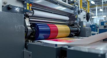 Industrial offset printing press in operation with CMYK ink rollers photo