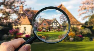 Magnifying glass focusing on a traditional house with a lush garden and blooming flowers photo
