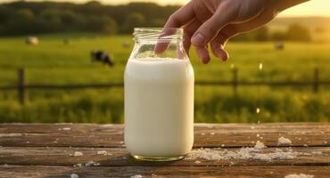 Fresh milk in glass bottle on rustic wooden table with hand and farm landscape photo