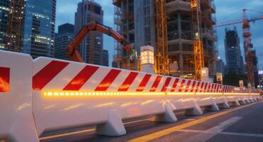 Modern city development with robotic construction and illuminated barriers photo