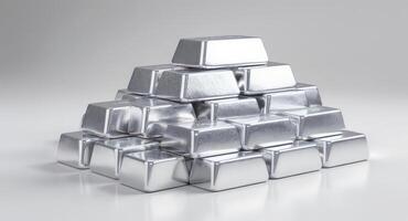 Pyramid stack of shiny aluminum ingots on a clean white background photo