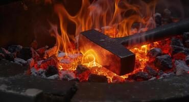 Red hot hammer glowing intensely in a traditional blacksmith forge with burning coals and fiery flames photo