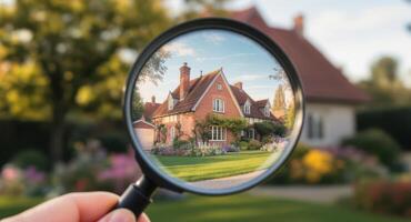 Magnifying glass focusing on a charming brick house, symbolizing real estate search. photo