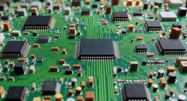 Detailed view of a green electronic circuit board with integrated microchips and components photo