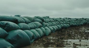 Long winding line of dark green sandbags forming a flood barrier on muddy ground under overcast sky photo