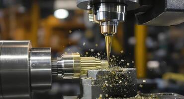 Precision CNC machining, cutting tool shaping brass workpiece with metal shavings photo