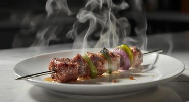 Steaming hot grilled meat and vegetable skewer on a white plate photo