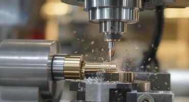 High precision CNC turning machine shaping brass workpiece in manufacturing photo
