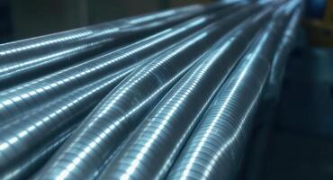 Close up of shiny brushed silver aluminum corrugated high pressure pipes photo