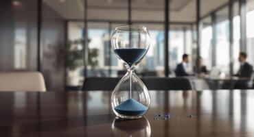Blue sand hourglass on polished dark wooden office table in a modern business setting photo