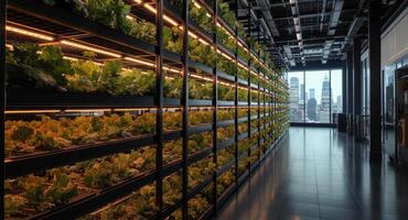 Modern indoor vertical farm with thriving green plants under LED lights and city skyline photo