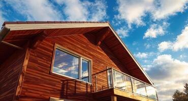 Exterior view of a modern wooden house with reddish brown siding, glass balcony, and blue sky photo