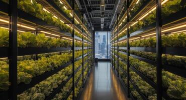 High tech indoor vertical hydroponic farm with thriving green plants and city view photo