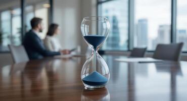 Blue sand hourglass on polished office table in a modern business meeting room photo